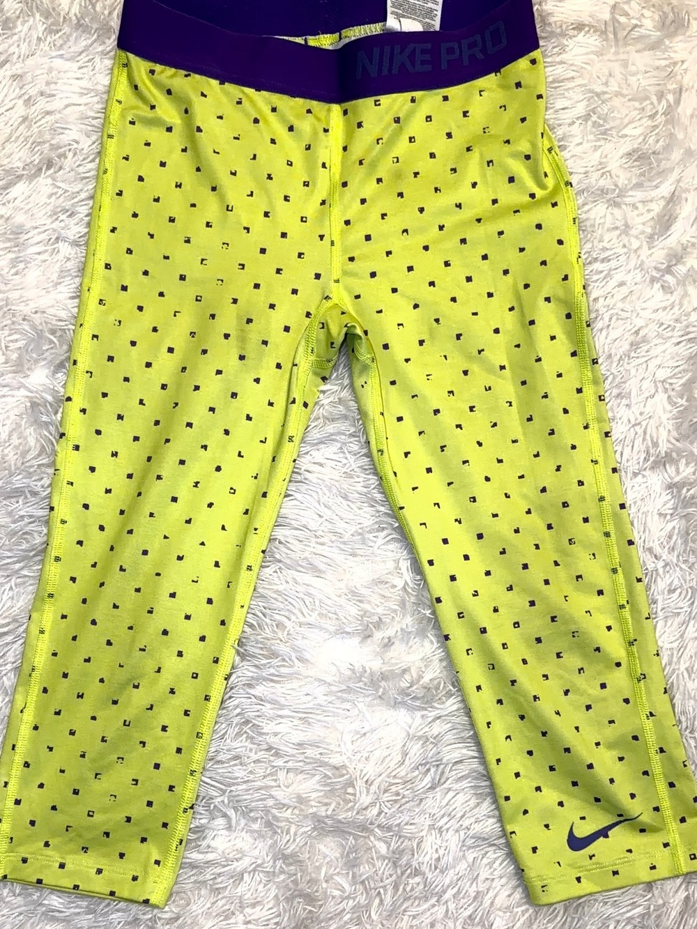 Nike Neon Yellow Cropped Leggings with Purple Waistband and Black Dot Print